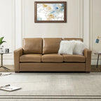Canapé en cuir véritable de 210 cm de large avec accoudoirs carrés et coussins
