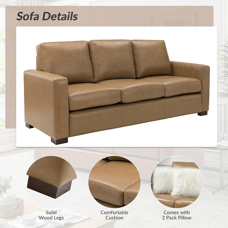 Canapé en cuir véritable de 210 cm de large avec accoudoirs carrés et coussins