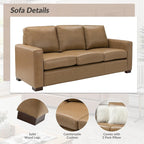 Canapé en cuir véritable de 210 cm de large avec accoudoirs carrés et coussins