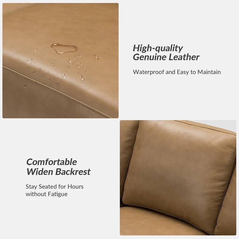 Canapé en cuir véritable de 210 cm de large avec accoudoirs carrés et coussins