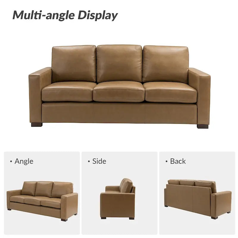 Canapé en cuir véritable de 210 cm de large avec accoudoirs carrés et coussins