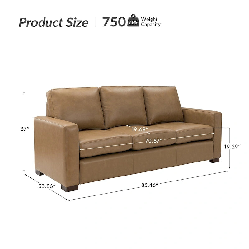 Canapé en cuir véritable de 210 cm de large avec accoudoirs carrés et coussins