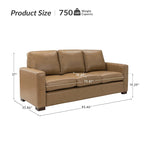 Canapé en cuir véritable de 210 cm de large avec accoudoirs carrés et coussins