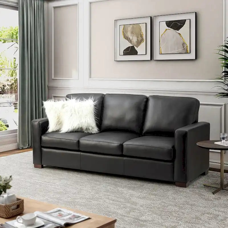 Canapé en cuir véritable de 210 cm de large avec accoudoirs carrés et coussins