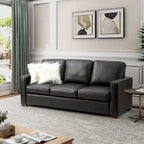 Canapé en cuir véritable de 210 cm de large avec accoudoirs carrés et coussins
