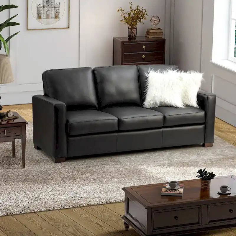 Canapé en cuir véritable de 210 cm de large avec accoudoirs carrés et coussins
