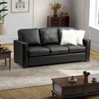 Canapé en cuir véritable de 210 cm de large avec accoudoirs carrés et coussins