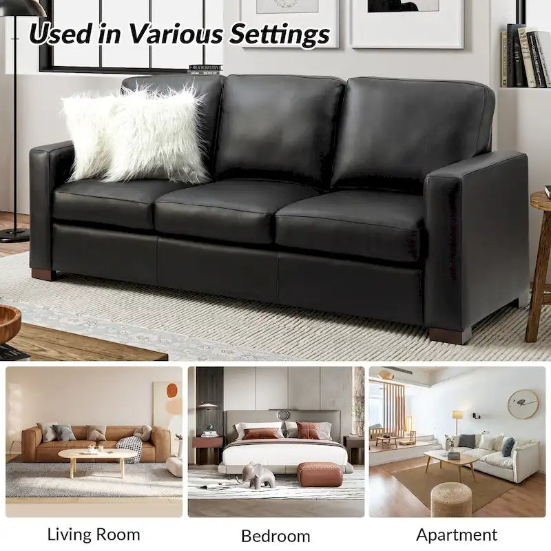 Canapé en cuir véritable de 210 cm de large avec accoudoirs carrés et coussins
