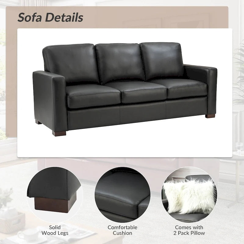 Canapé en cuir véritable de 210 cm de large avec accoudoirs carrés et coussins