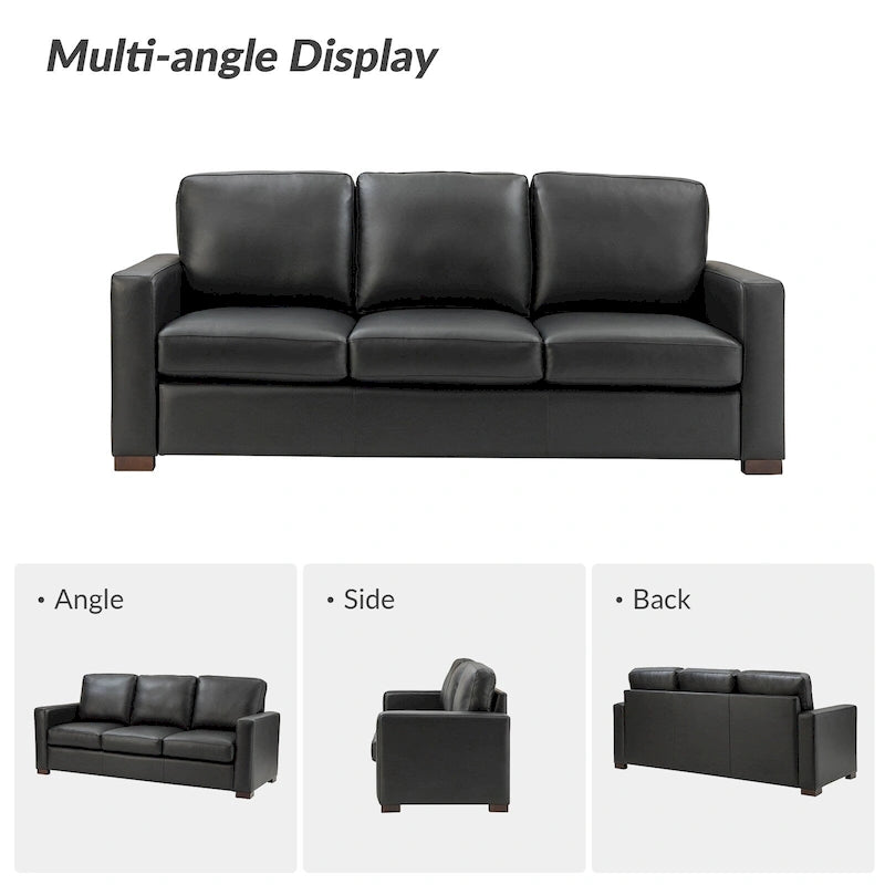 Canapé en cuir véritable de 210 cm de large avec accoudoirs carrés et coussins