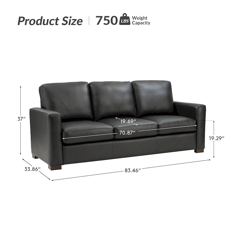 Canapé en cuir véritable de 210 cm de large avec accoudoirs carrés et coussins