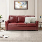 Canapé en cuir véritable de 210 cm de large avec accoudoirs carrés et coussins