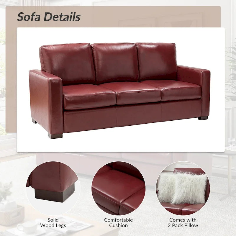 Canapé en cuir véritable de 210 cm de large avec accoudoirs carrés et coussins