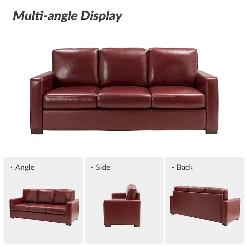 Canapé en cuir véritable de 210 cm de large avec accoudoirs carrés et coussins