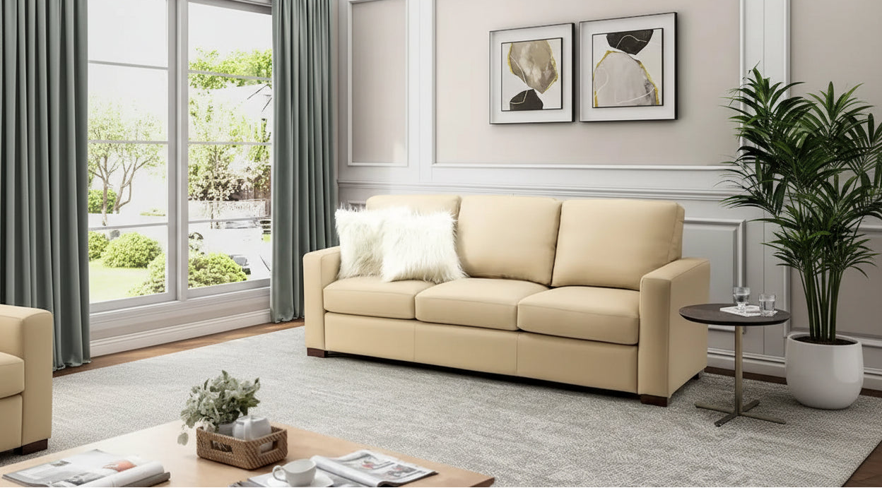 Canapé en cuir véritable de 210 cm de large avec accoudoirs carrés et coussins