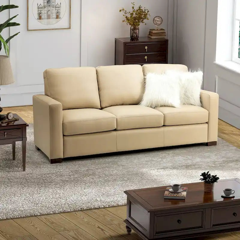 Canapé en cuir véritable de 210 cm de large avec accoudoirs carrés et coussins
