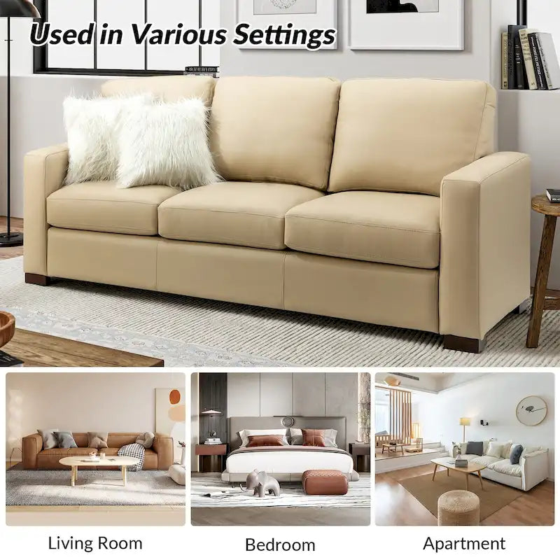 Canapé en cuir véritable de 210 cm de large avec accoudoirs carrés et coussins