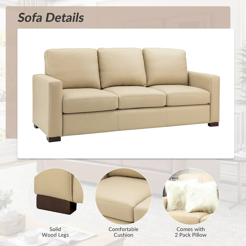 Canapé en cuir véritable de 210 cm de large avec accoudoirs carrés et coussins