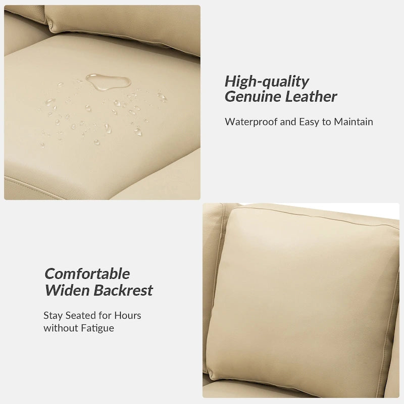 Canapé en cuir véritable de 210 cm de large avec accoudoirs carrés et coussins