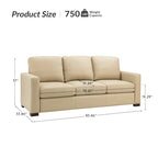 Canapé en cuir véritable de 210 cm de large avec accoudoirs carrés et coussins