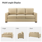 Canapé en cuir véritable de 210 cm de large avec accoudoirs carrés et coussins