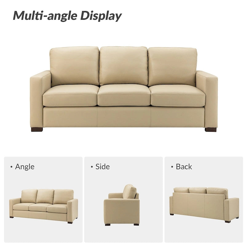 Canapé en cuir véritable de 210 cm de large avec accoudoirs carrés et coussins