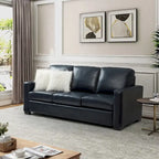 Canapé en cuir véritable de 210 cm de large avec accoudoirs carrés et coussins