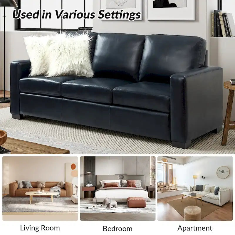 Canapé en cuir véritable de 210 cm de large avec accoudoirs carrés et coussins