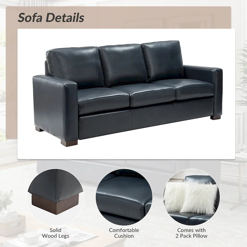 Canapé en cuir véritable de 210 cm de large avec accoudoirs carrés et coussins