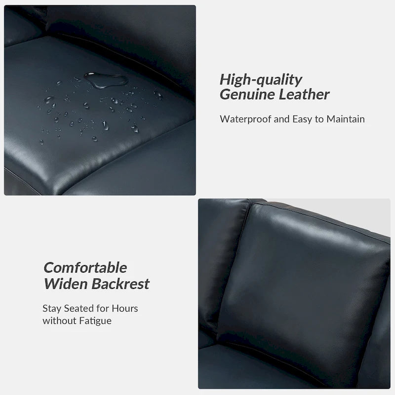 Canapé en cuir véritable de 210 cm de large avec accoudoirs carrés et coussins