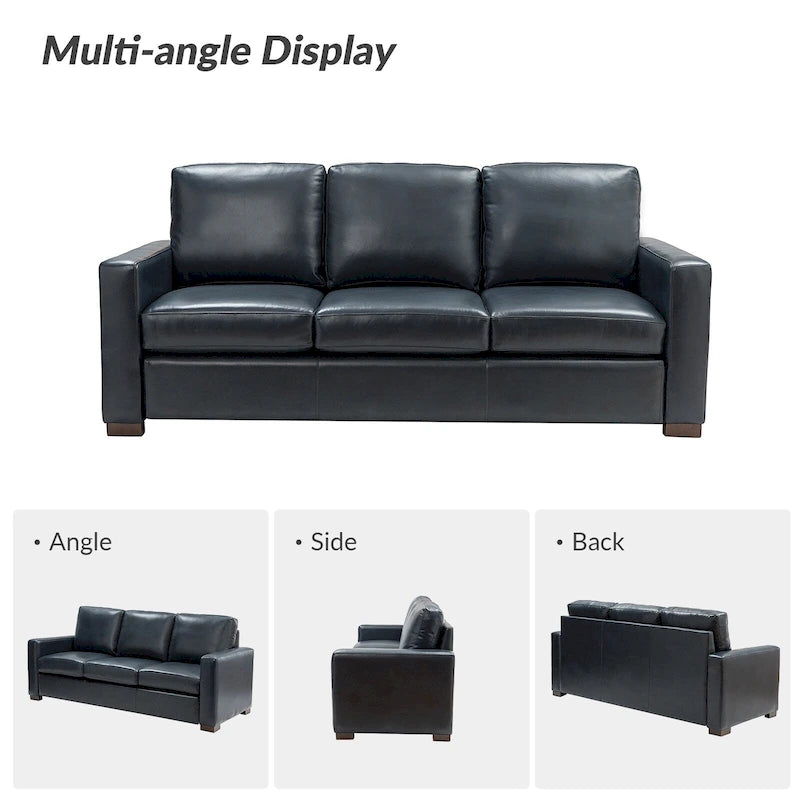 Canapé en cuir véritable de 210 cm de large avec accoudoirs carrés et coussins