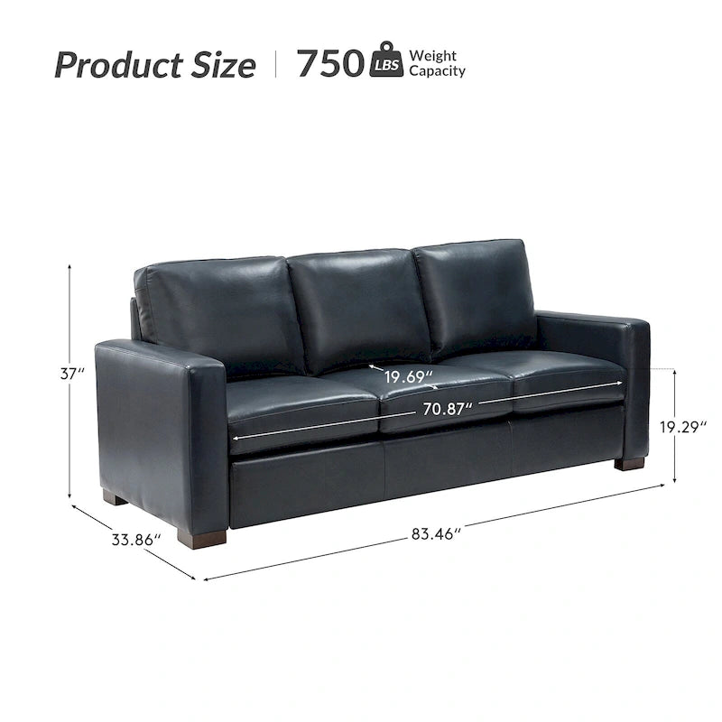 Canapé en cuir véritable de 210 cm de large avec accoudoirs carrés et coussins