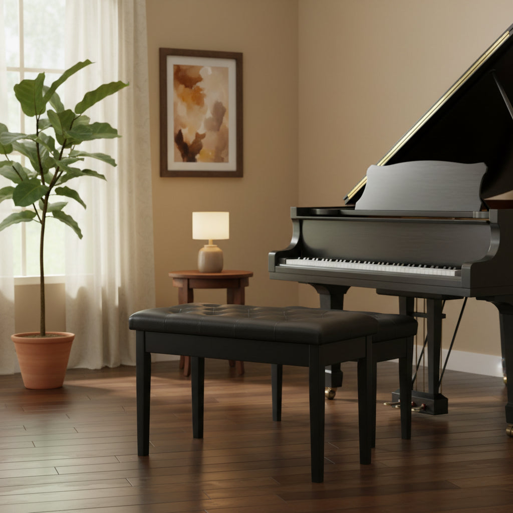 HOMCOM Traditional Country Birchwood Faux Leather Padded 2 Person Piano Bench - Black
