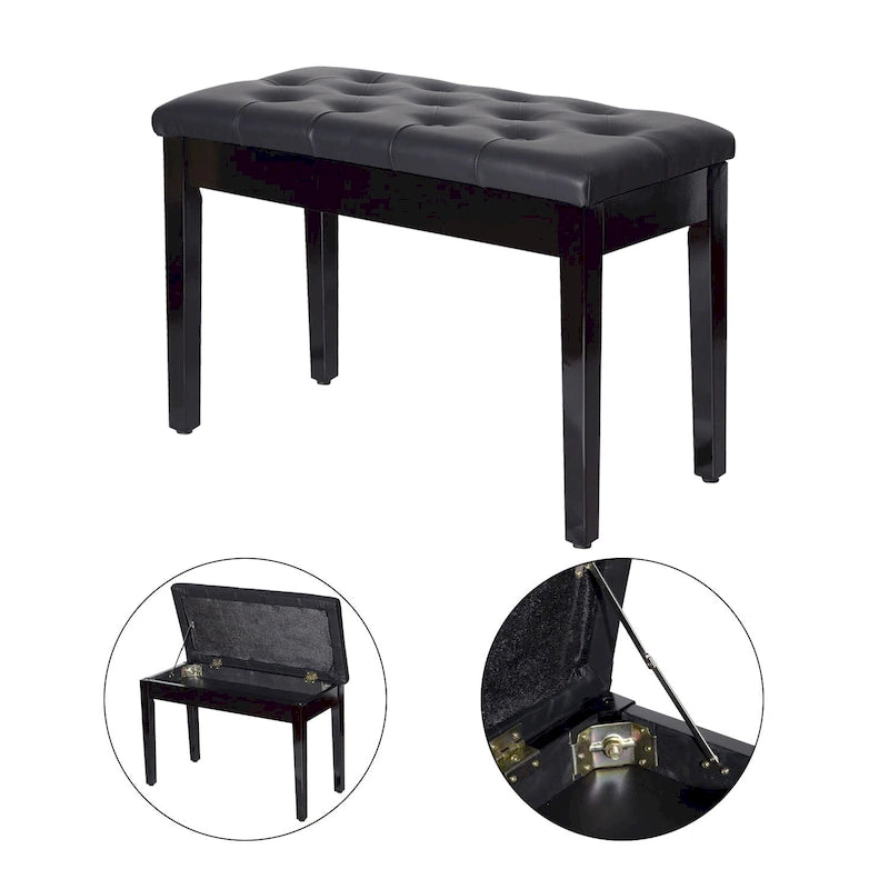 Banc de piano rembourré en similicuir noir, style campagnard traditionnel, en bouleau.