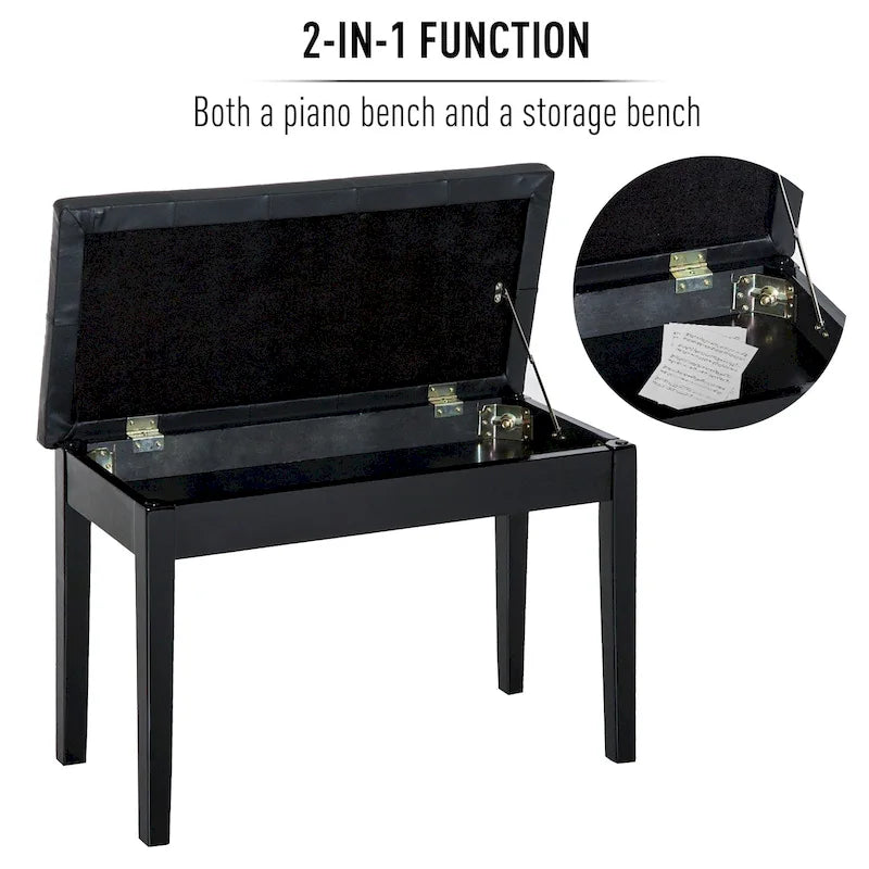 Banc de piano rembourré en similicuir noir, style campagnard traditionnel, en bouleau.
