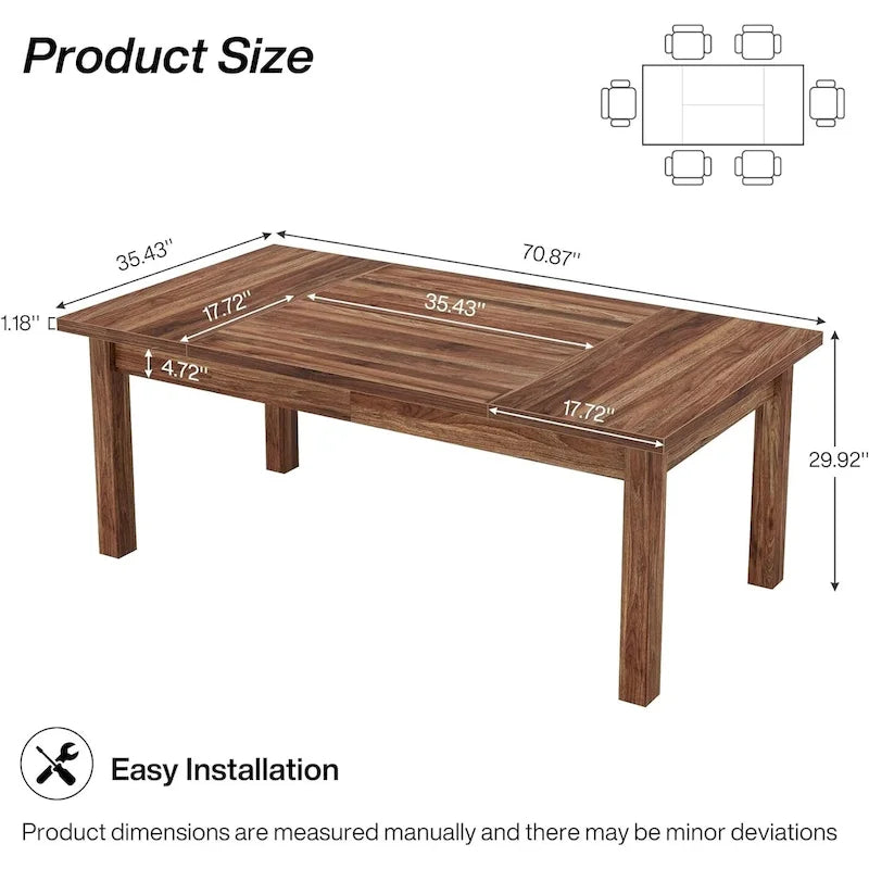 Table à manger en bois de 180 cm pour 6 à 8 personnes avec pieds épais en bois massif