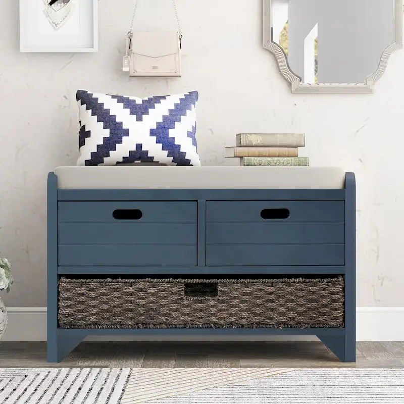 Banc de rangement avec panier amovible et 2 tiroirs, banc à chaussures entièrement assemblé avec coussin amovible - 81,3 L x 30 l x 50,8 H cm