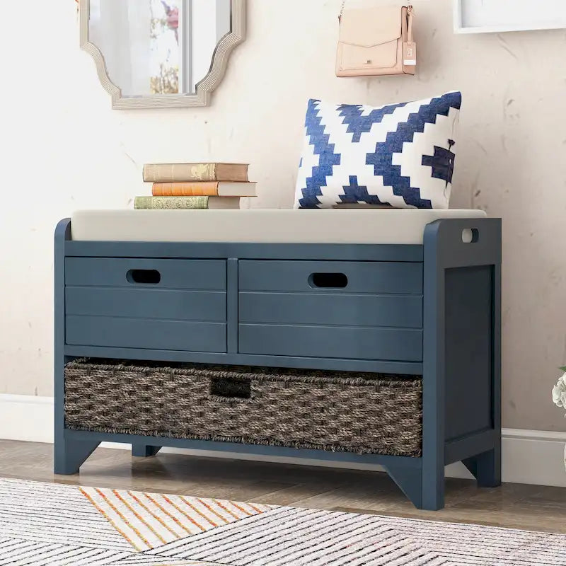 Banc de rangement avec panier amovible et 2 tiroirs, banc à chaussures entièrement assemblé avec coussin amovible - 81,3 L x 30 l x 50,8 H cm
