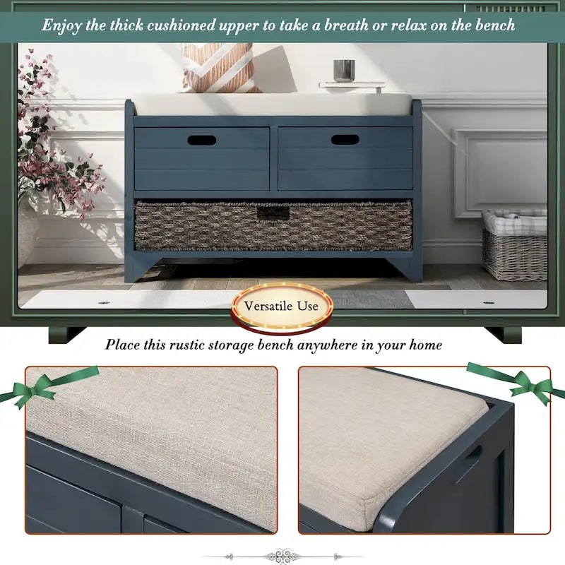 Banc de rangement avec panier amovible et 2 tiroirs, banc à chaussures entièrement assemblé avec coussin amovible - 81,3 L x 30 l x 50,8 H cm