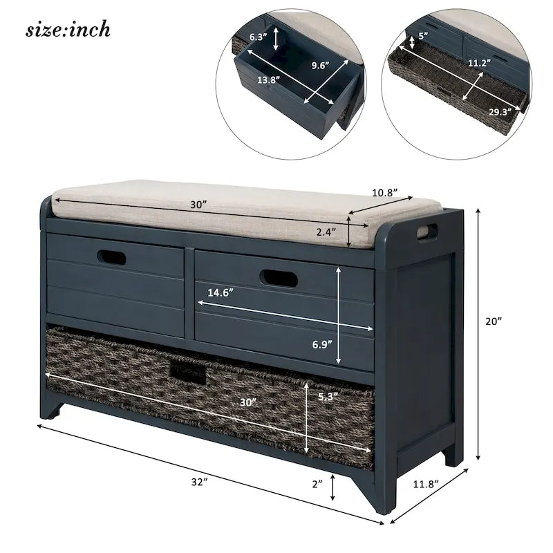 Banc de rangement avec panier amovible et 2 tiroirs, banc à chaussures entièrement assemblé avec coussin amovible - 81,3 L x 30 l x 50,8 H cm