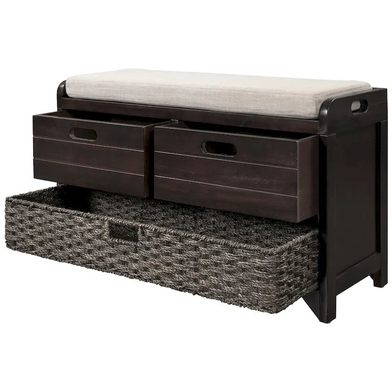 Banc de rangement avec panier amovible et 2 tiroirs, banc à chaussures entièrement assemblé avec coussin amovible - 81,3 L x 30 l x 50,8 H cm
