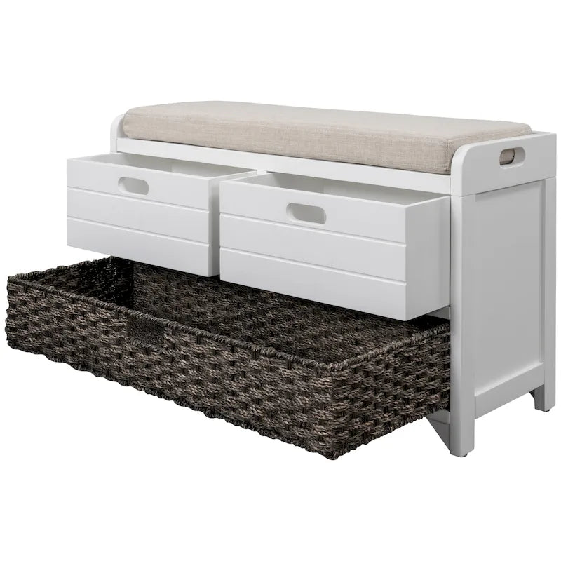 Banc de rangement avec panier amovible et 2 tiroirs, banc à chaussures entièrement assemblé avec coussin amovible - 81,3 L x 30 l x 50,8 H cm