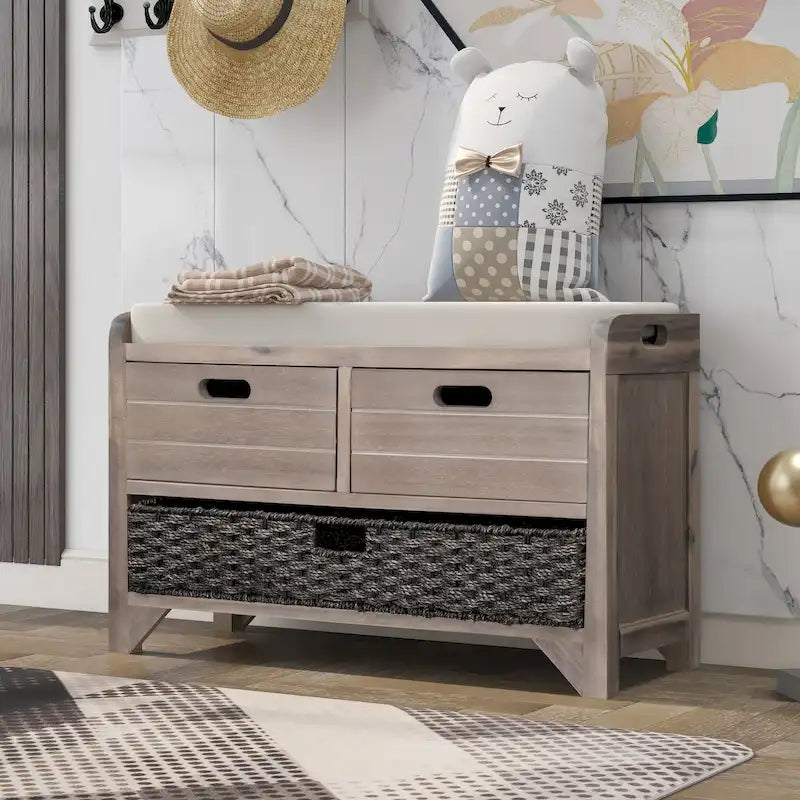 Banc de rangement avec panier amovible et 2 tiroirs, banc à chaussures entièrement assemblé avec coussin amovible - 81,3 L x 30 l x 50,8 H cm