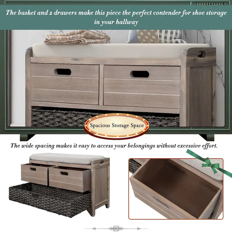 Banc de rangement avec panier amovible et 2 tiroirs, banc à chaussures entièrement assemblé avec coussin amovible - 81,3 L x 30 l x 50,8 H cm