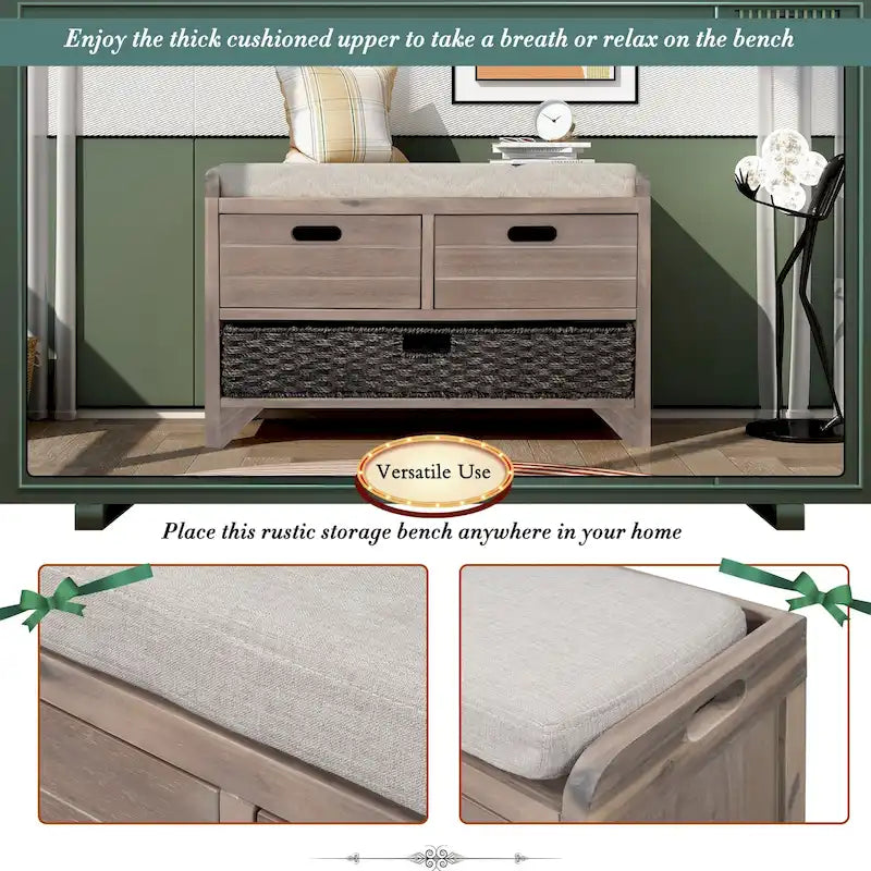 Banc de rangement avec panier amovible et 2 tiroirs, banc à chaussures entièrement assemblé avec coussin amovible - 81,3 L x 30 l x 50,8 H cm