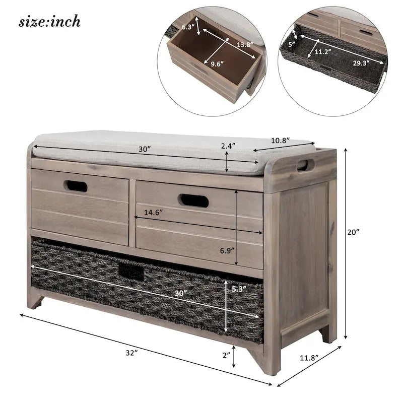 Banc de rangement avec panier amovible et 2 tiroirs, banc à chaussures entièrement assemblé avec coussin amovible - 81,3 L x 30 l x 50,8 H cm