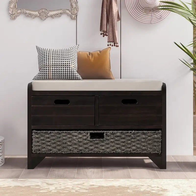 Banc de rangement avec panier amovible et 2 tiroirs, banc à chaussures entièrement assemblé avec coussin amovible - 81,3 L x 30 l x 50,8 H cm