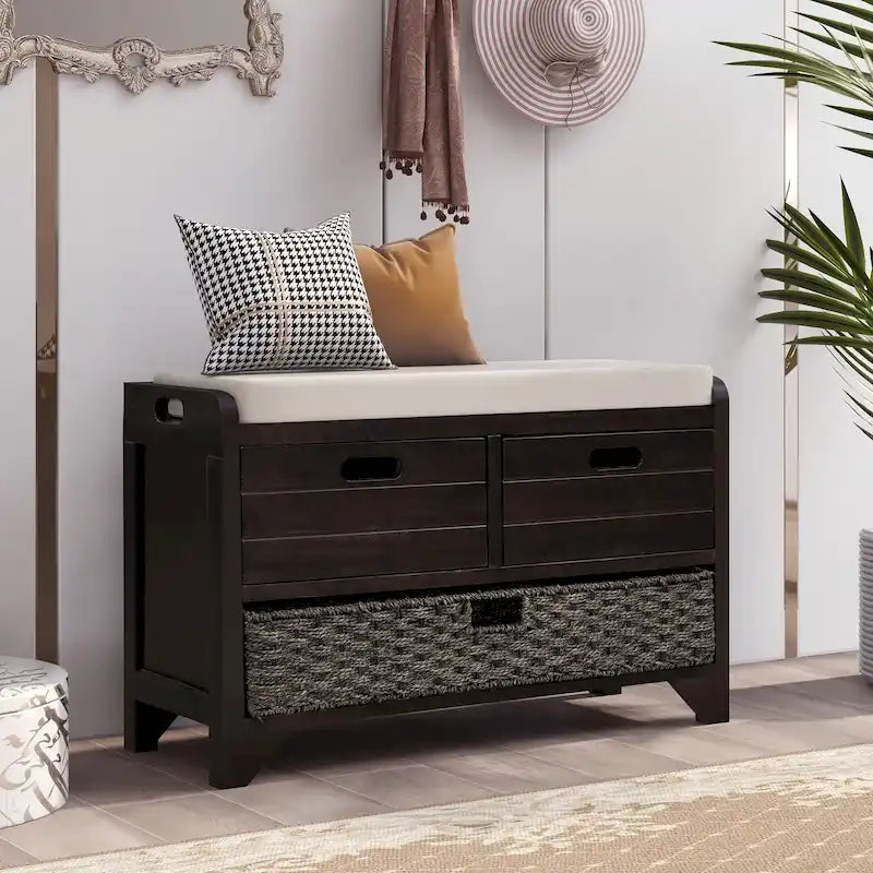 Banc de rangement avec panier amovible et 2 tiroirs, banc à chaussures entièrement assemblé avec coussin amovible - 81,3 L x 30 l x 50,8 H cm