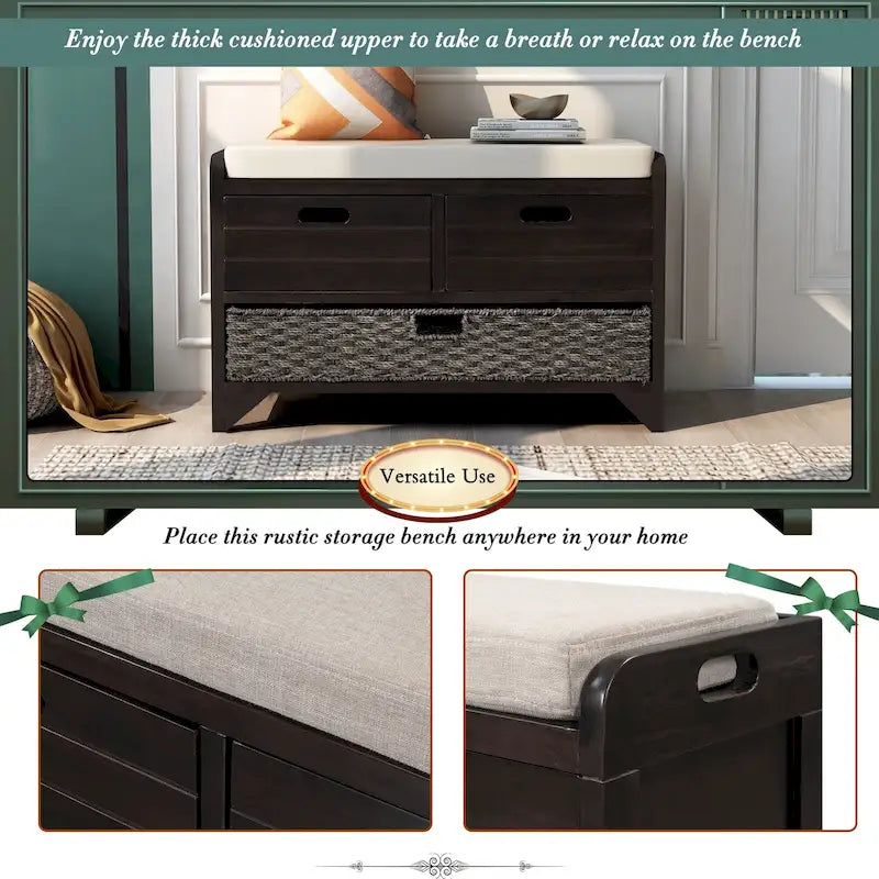 Banc de rangement avec panier amovible et 2 tiroirs, banc à chaussures entièrement assemblé avec coussin amovible - 81,3 L x 30 l x 50,8 H cm