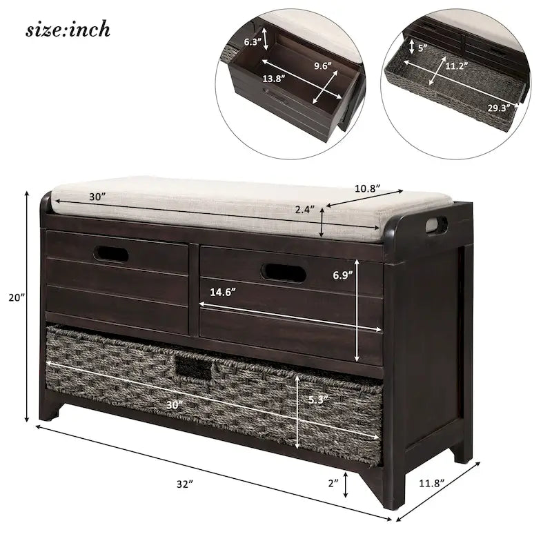 Banc de rangement avec panier amovible et 2 tiroirs, banc à chaussures entièrement assemblé avec coussin amovible - 81,3 L x 30 l x 50,8 H cm